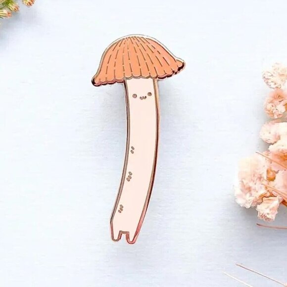 Chibi Orange Bonnet Mushroom Enamel Pin - Gold Plated Kawaii Jewelry & Brooch - Picture 2 of 9